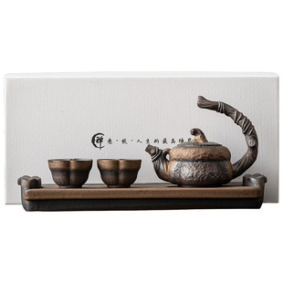 复古功夫茶具套装中式粗陶小套装家用茶壶茶杯一壶两杯带茶盘礼盒