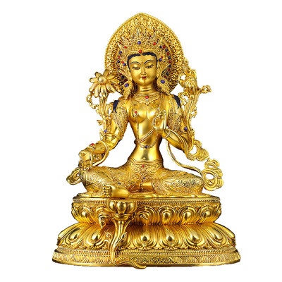 铜鎏金绿度母佛像摆件藏式供奉