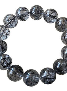 天然巴西冰透黑发晶手串浓密透体