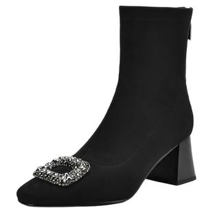 星期六2025年新款弹力袜靴女短筒秋冬季保暖短靴女尖头高跟女靴子