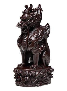 黑檀木雕祥瑞水火麒麟摆件实木神兽工艺品转运文玩客厅桌面小摆件