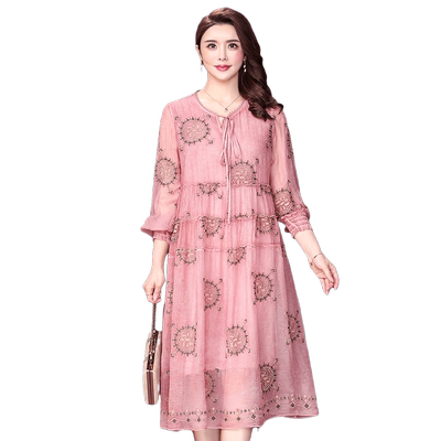 香妮芬妈妈春秋新款真丝连衣裙