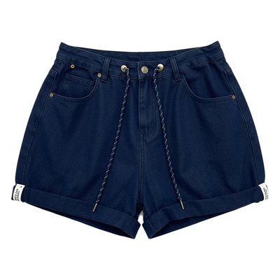 高腰牛仔抽绳松紧阔腿休闲短裤 Plain-colored drawstring shorts