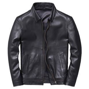 新款绵羊皮翻领真皮皮衣休闲男士短款皮夹克时尚百搭薄款单皮外套