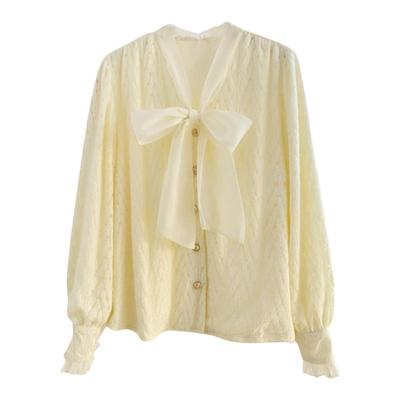 宽松气质长袖蕾丝蝴蝶结衬衫加绒