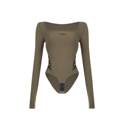 ABMY方领带胸垫高弹长袖连体衣女