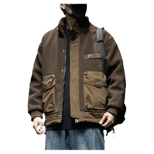 冬季加厚立领羊羔绒棉衣男宽松大码时尚工装大口袋休闲保暖外套潮