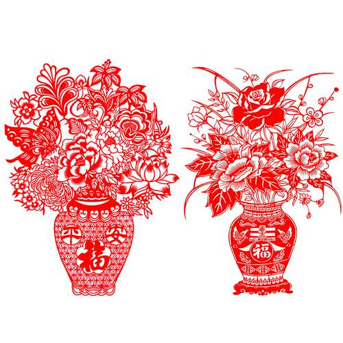 元旦马年春节刻纸中国特色年画无纺布剪纸作品窗花玻璃贴福春花瓶