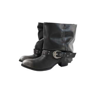复古擦色铆钉褶皱裤管靴女黑色皮带扣粗跟骑士靴真皮西部牛仔短靴