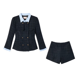 织物猪 酷熊赫本 韩系学院小香风套装女秋冬藏蓝色夹棉长袖外套