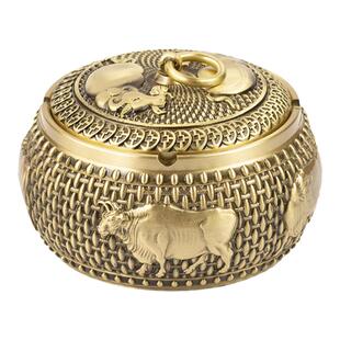 小铜记黄铜五牛烟灰缸带盖家用客厅防飞灰高端办公室中式创意摆件