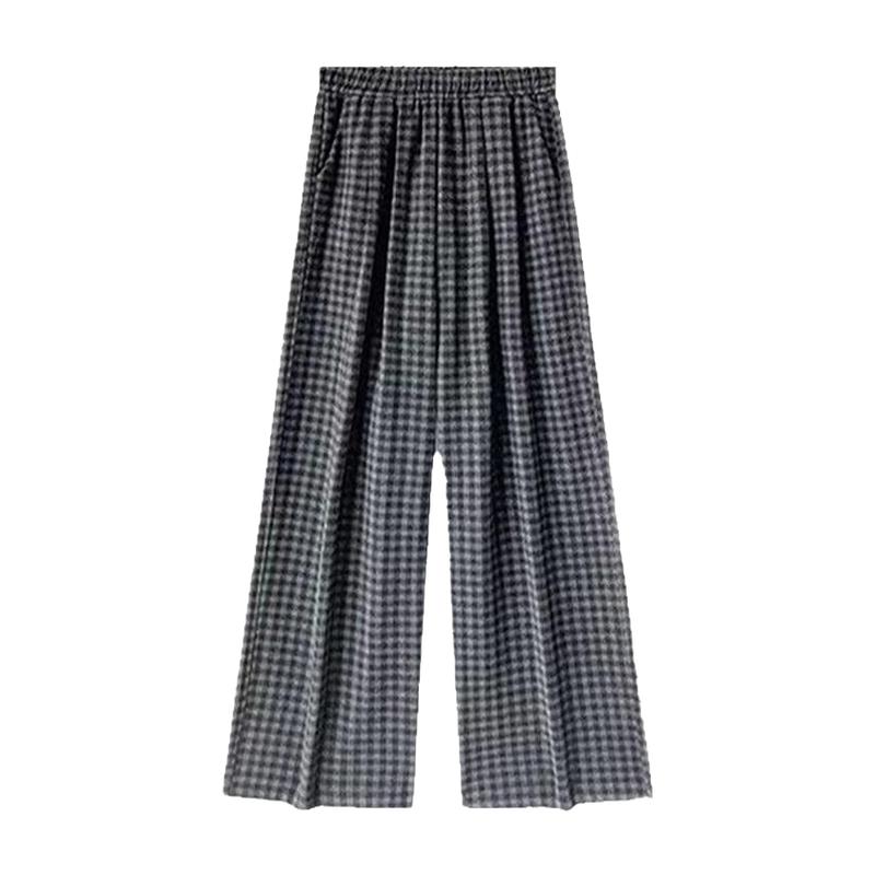 格雷系加绒黑灰色阔腿慵懒风格子裤子女秋冬季大码显瘦垂感休闲裤