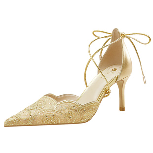 金履华宴 rosecastle 蕾丝绑带高跟鞋2026夏季新款包头凉鞋单鞋女