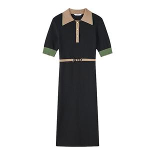 LK BENNETT黑色针织连衣裙新款春中袖polo领长裙简约气质通勤