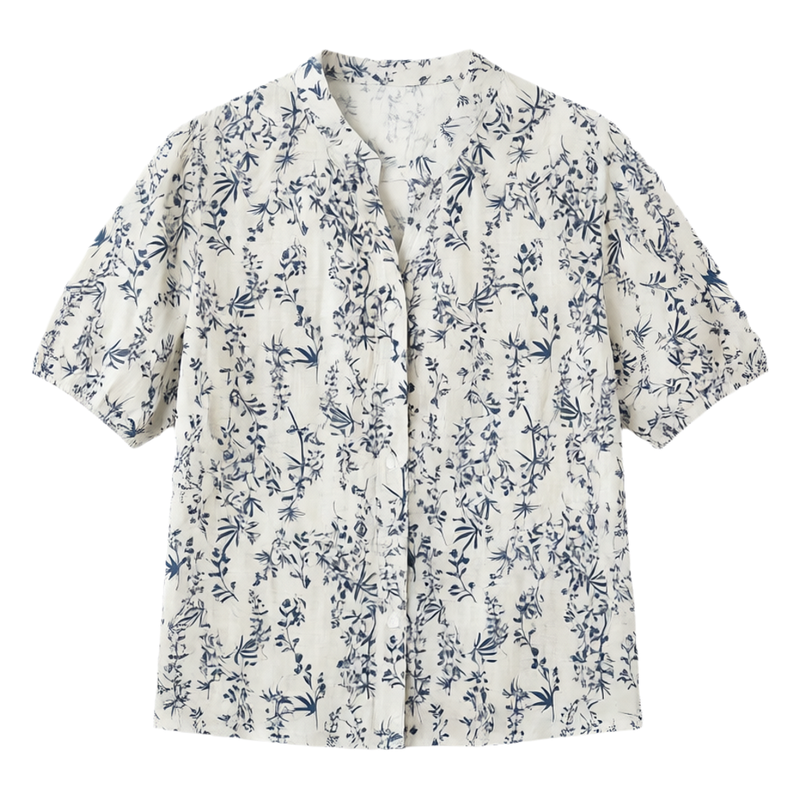 青花瓷纯棉短袖衬衫女夏季显瘦