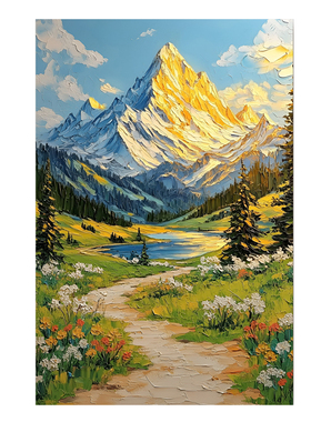 日照金山手绘油画玄关画一路生花