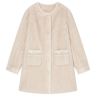 Goodland美地环保仿皮草外套女圆领珍珠大衣2025冬新款LC35510380