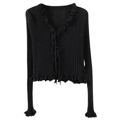 西町村屋木耳边镂空系带开衫女夏季新款法式短款针织衫CAAB10010