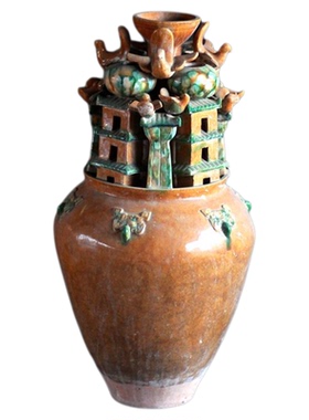 西晋仿古陶器汉绿釉陶楼堆塑谷仓罐摆件影视道具客厅玄关桌面装饰