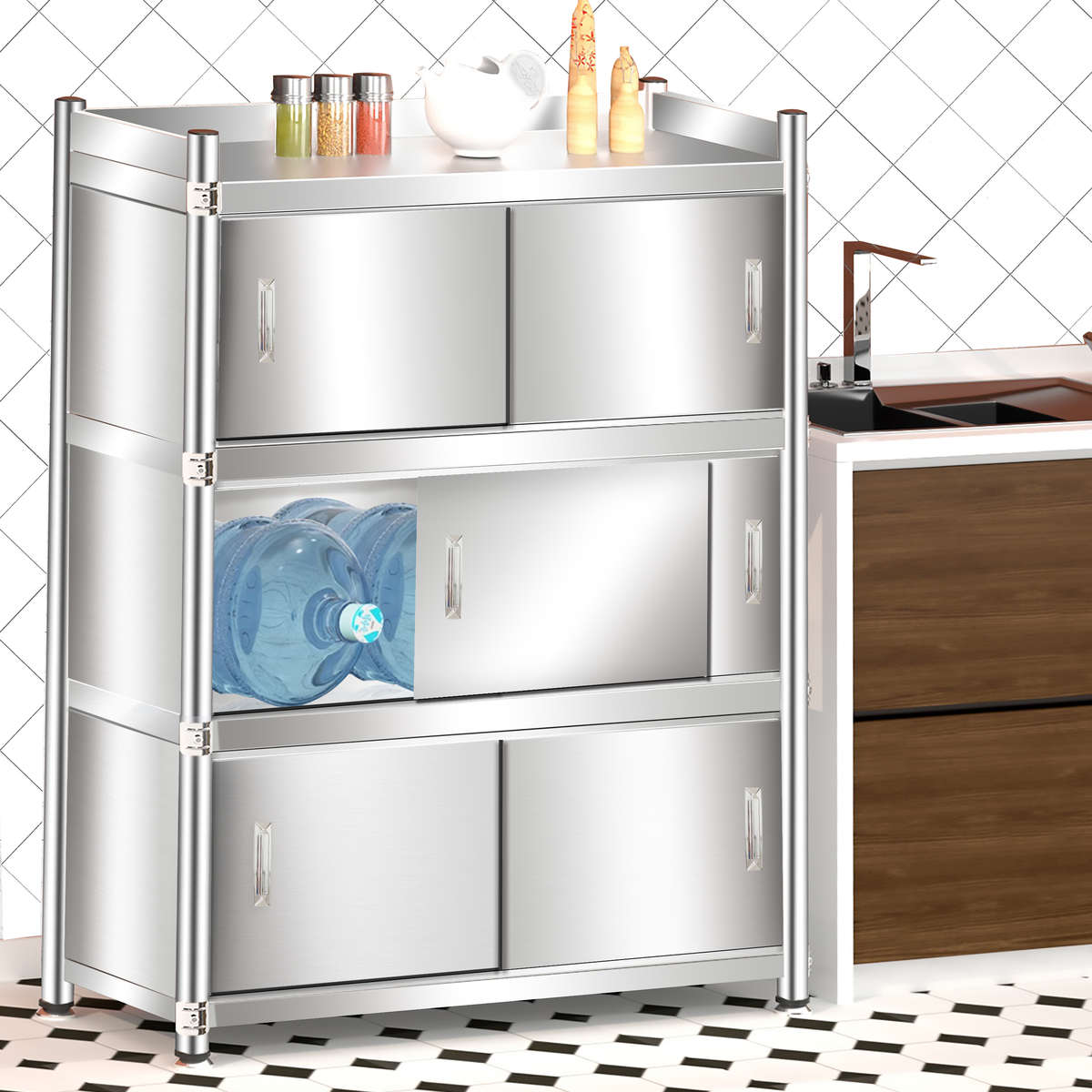 不锈钢厨房置物架储物柜多层全封闭落地带门家用推拉门收纳餐边柜