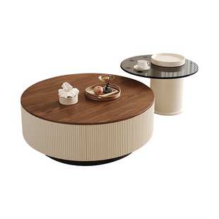 意式轻奢奶油风家用客厅小户型茶几高级胡桃木色圆形沙发茶几组合