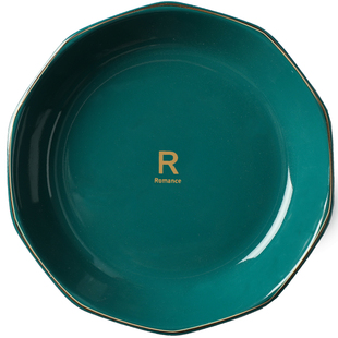 北欧风轻奢复古陶瓷盘子菜盘家用餐具套装墨绿色金边盘创意网红碟