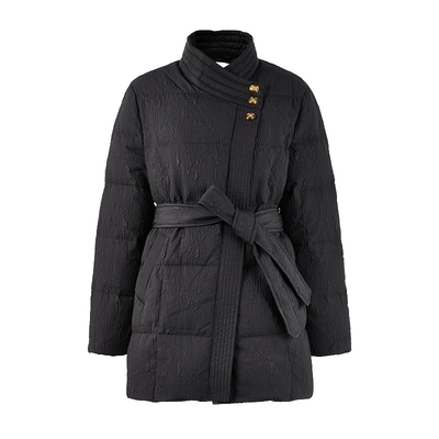 秋水伊人经典斜领简约都市外套2025年冬季新款时尚系带设计羽绒服