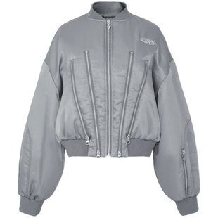 IMXS光泽感多拉链休闲棉服美式复古棒球服外套女灰色飞行夹克