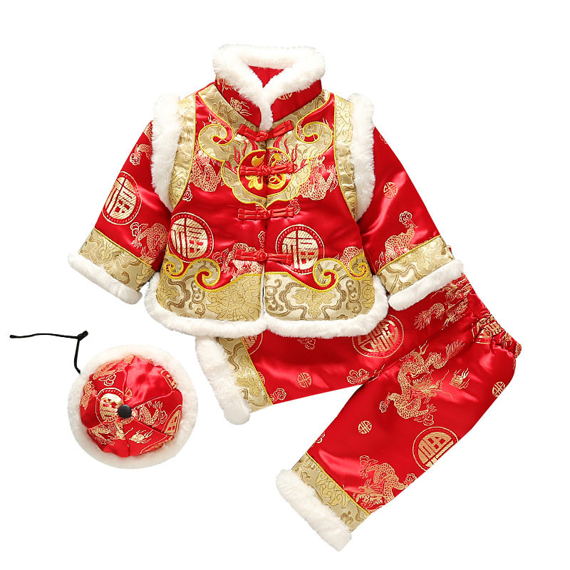 婴儿唐装男女宝宝冬季加厚抓周服一周岁生日喜庆套装中国风拜年服