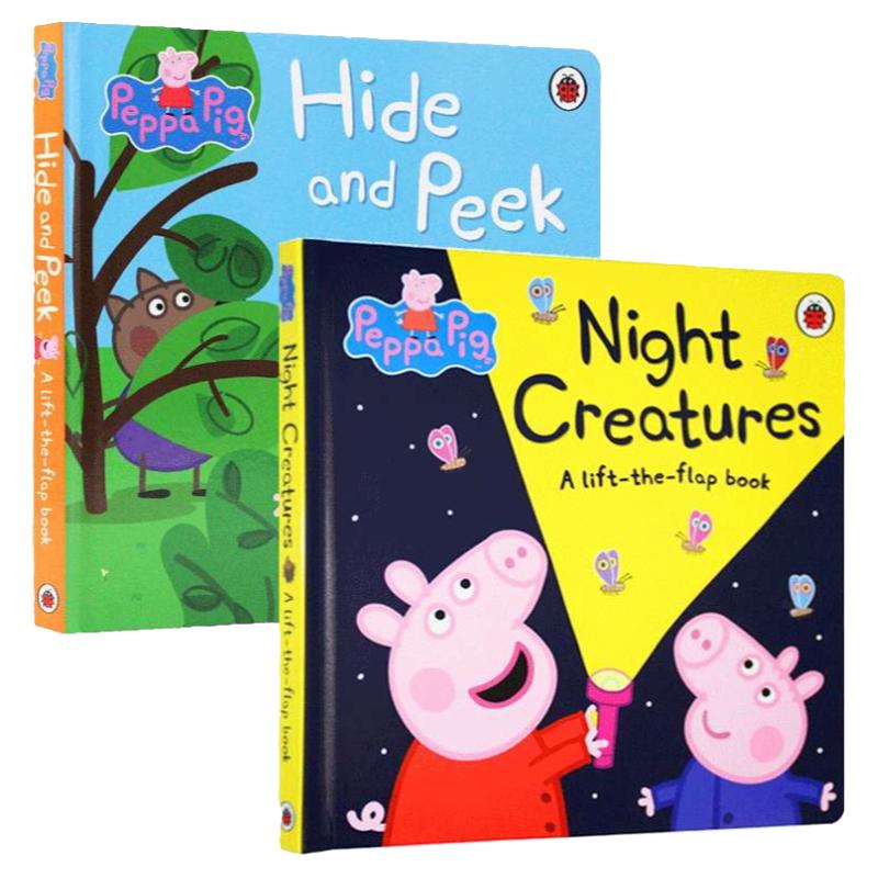 小猪佩奇翻翻书2本合集 英文原版绘本 Peppa Pig Night Creatures 粉红猪小妹纸板书 小猪佩奇捉迷藏Ladybird全英文版进口英语书籍