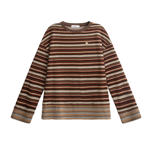 【25年秋】UNIFREEPLUS大码条纹法国绒长袖T恤宽松假两件百搭上衣