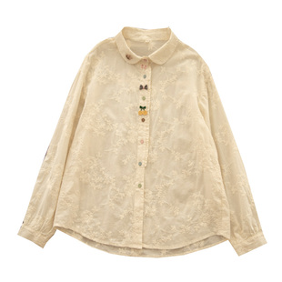 元相恋 秋新元宝领甜美刺绣花衬衫百搭全棉打底衬衣学生可爱上衣