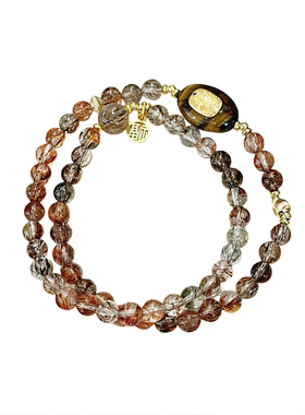 天然黑金超七黄虎眼石水晶手串女