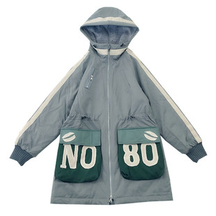 2023甲乙丙丁冬季连帽中长款宽松休闲大口袋拉链加厚棉衣棉服女