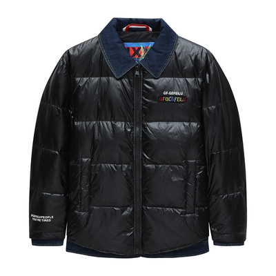 黑色拼接翻领90％白鸭绒羽绒服