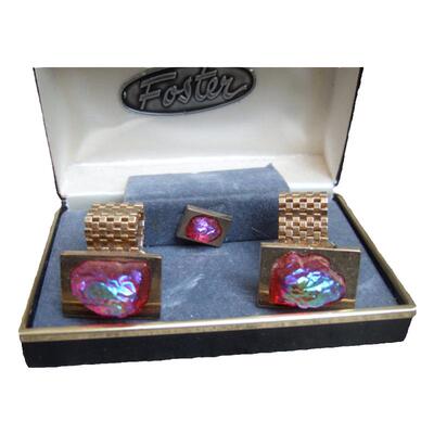 Advice㊣美国代购 古着70年代摩登金属炫彩宝石镶嵌领带针袖扣