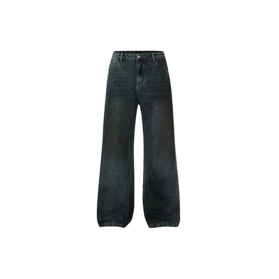 IMXS擦色直筒牛仔裤美式高街复古蓝色男阔腿宽松垂感修身直筒长裤