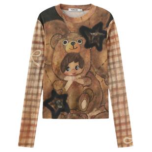 FORDARE/福蝶24秋冬复古感格纹小熊大打底衫
