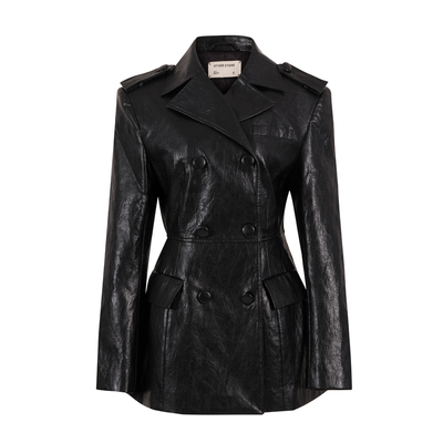 黑色阔肩沙漏型皮质外套休闲皮衣