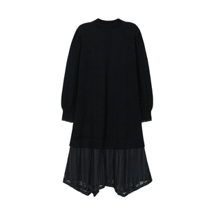 【拼接下摆】MSLAN26春黑色软糯圆领针织拼网纱长袖连衣裙MFDT437