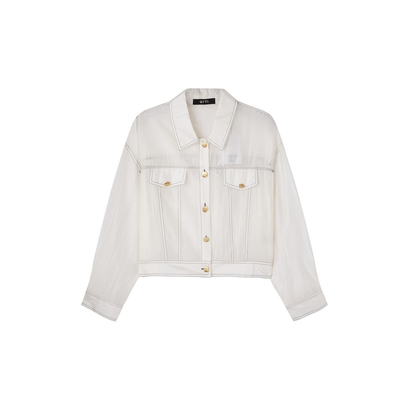 U/TI翻领本白色牛仔衬衫外套女短款半袖休闲上衣尤缇2025秋季新款