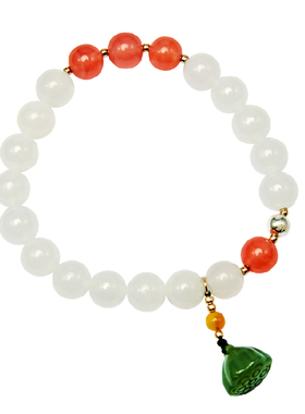 和田玉白玉搭天然碧玉莲蓬手串