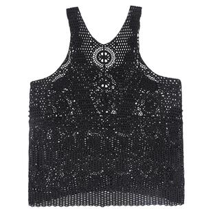 森系镂空吊带背心女长款纯棉钩花蕾丝休闲时尚外搭卡其马夹连衣裙