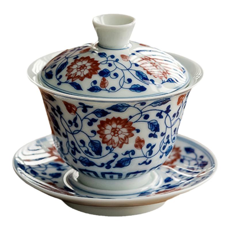 泥土故事釉里红缠枝莲泡茶碗功夫茶具盖碗单个防烫陶瓷泡茶器茶杯