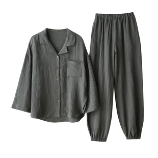 双层纯棉绉布 女士家居服套装全棉开衫睡衣睡裤起居服 春秋款女装