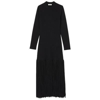 SANDRO流苏摆黑色针织连衣裙早秋