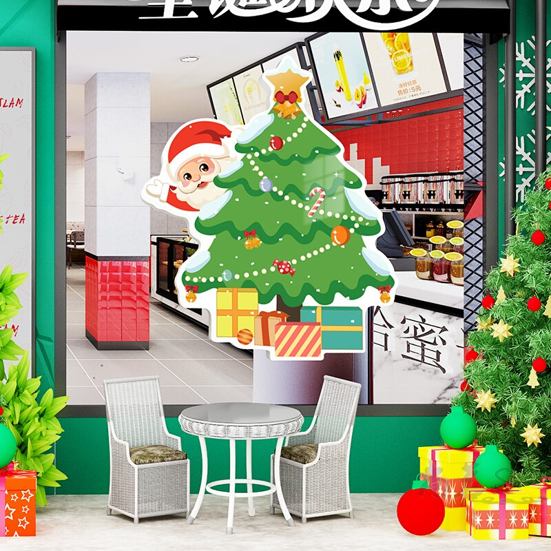 圣诞节装饰商场店铺墙面玻璃门贴纸场景布置圣诞树立体墙贴画自粘图片