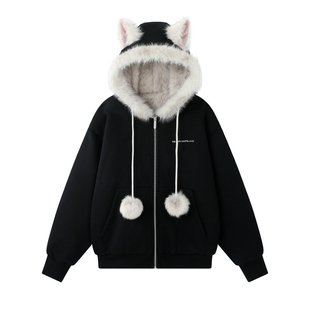BJHG不计后果猫耳朵毛毛外套女款冬季短款加厚保暖连帽夹克座山雕