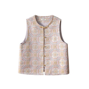 一丝牵 金鱼戏莲粉 真丝宋锦新中式马甲100%桑蚕丝国风圆领上衣春