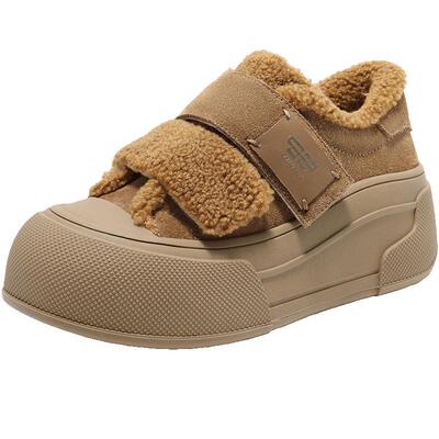 百丽女鞋子毛毛加绒板鞋2025春新款厚底休闲棉鞋雪地靴B2490AM5